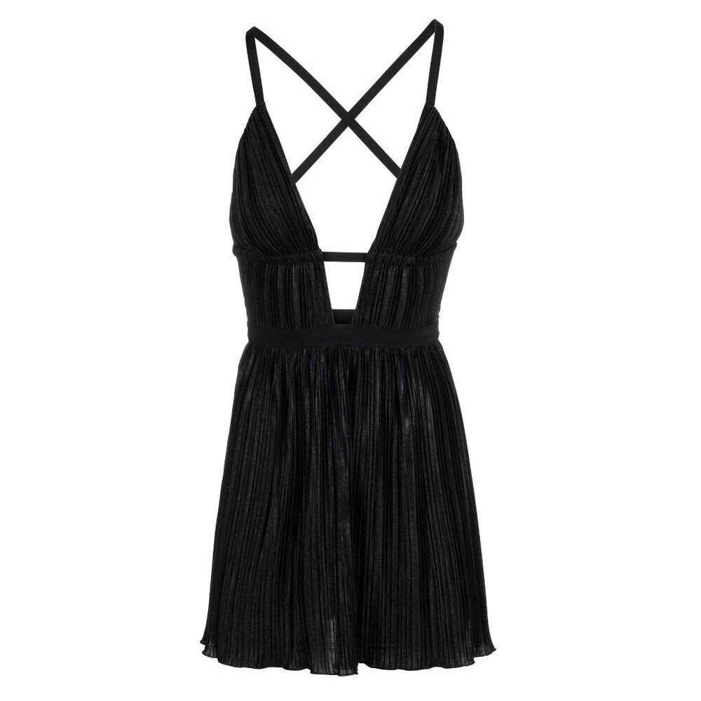 Dannijo All Over Pleated Noir Plunge Neck Mini Dress, USA Made, Med, NWT